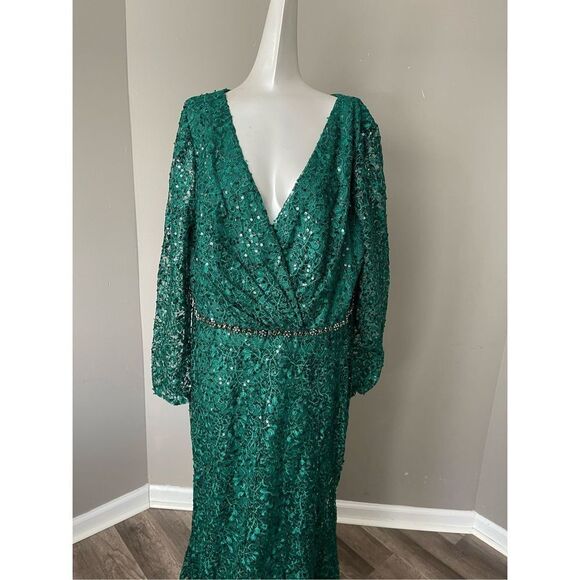MAC DUGGAL EMBELLISHED WRAP OVER LONG SLEEVE GOWN - Picture 5 of 10